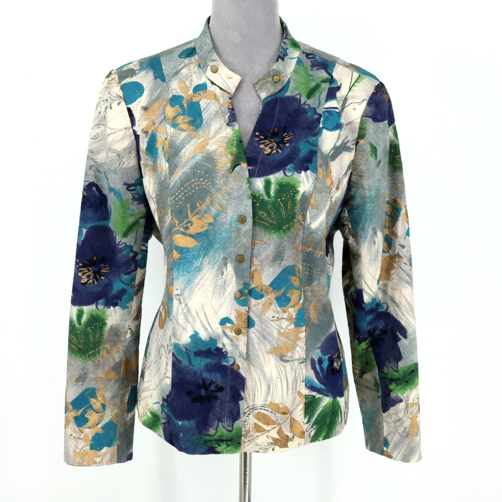 Coldwater Creek Jacket Womens 16 Blue Gray Floral Lined Cotton Blazer Snaps
